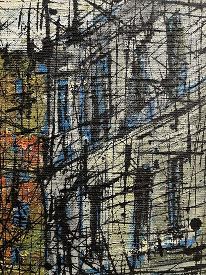 Oil painting Graphic of the Cities Serhiy Kovalev with bold black blue orange strokes on gray texture