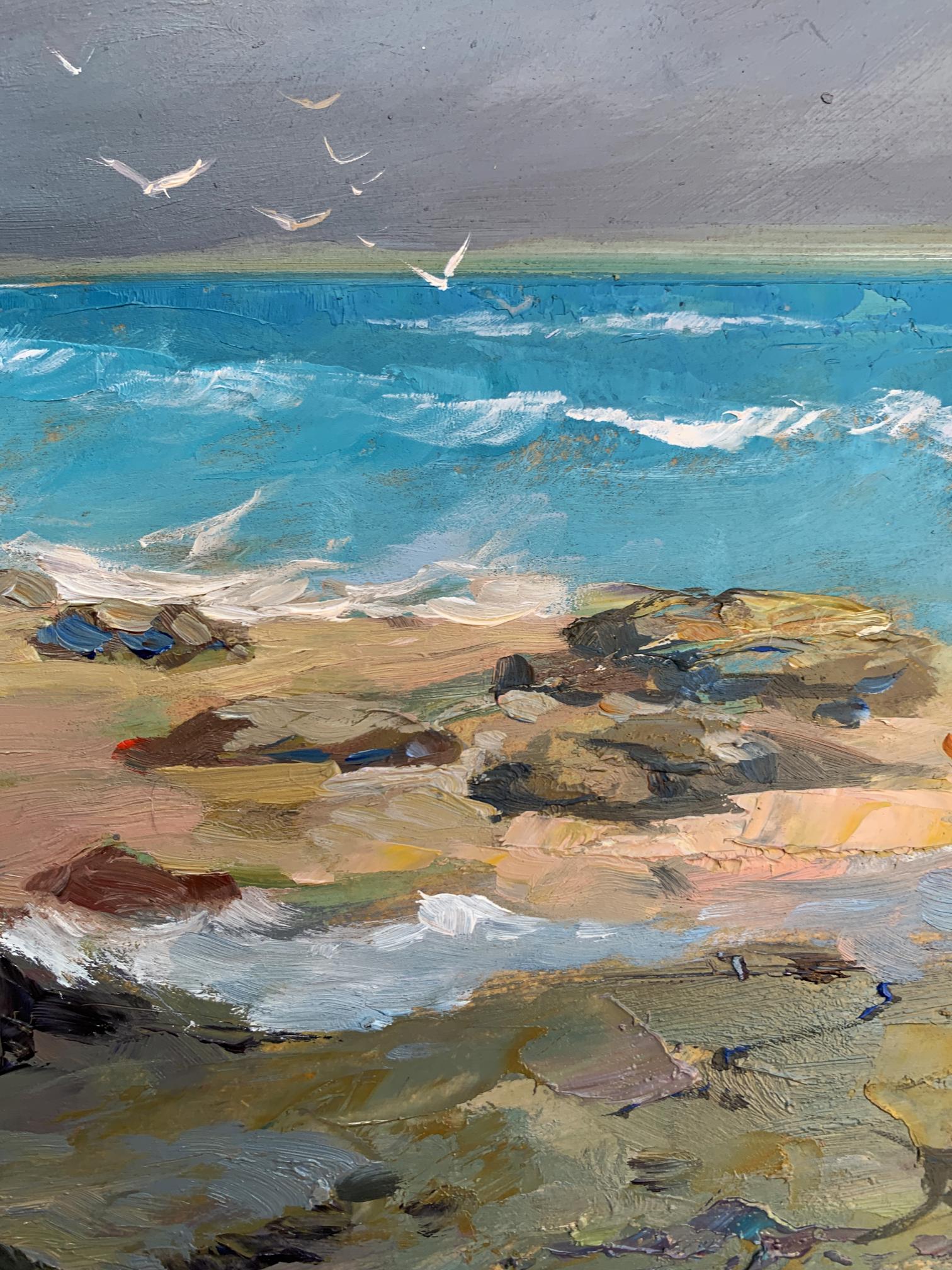 Oil painting of white seagulls on seashore by Yuriy Suprunchuk
