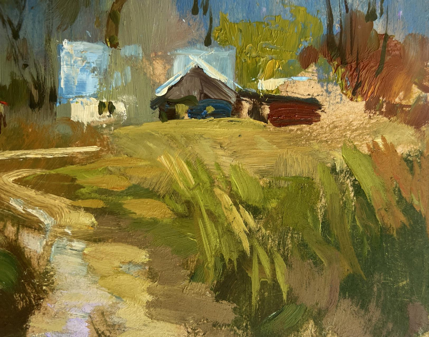 Oil painting I’m going back home by Yuriy Suprunchuk: rustic cabin in green landscape