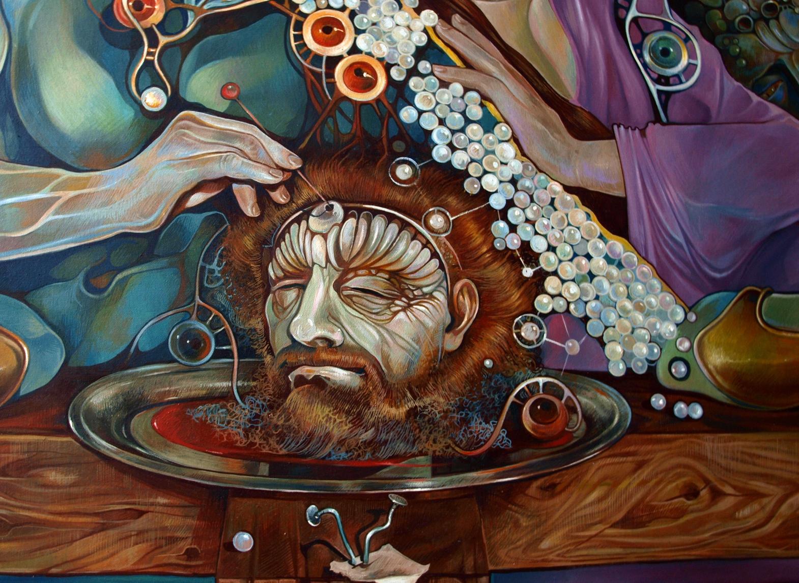 Surreal oil painting Pistis Sophia by Konsta G. Amelinn with glowing orb halo