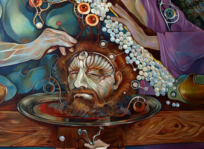 Surreal oil painting Pistis Sophia by Konsta G. Amelinn with glowing orb halo