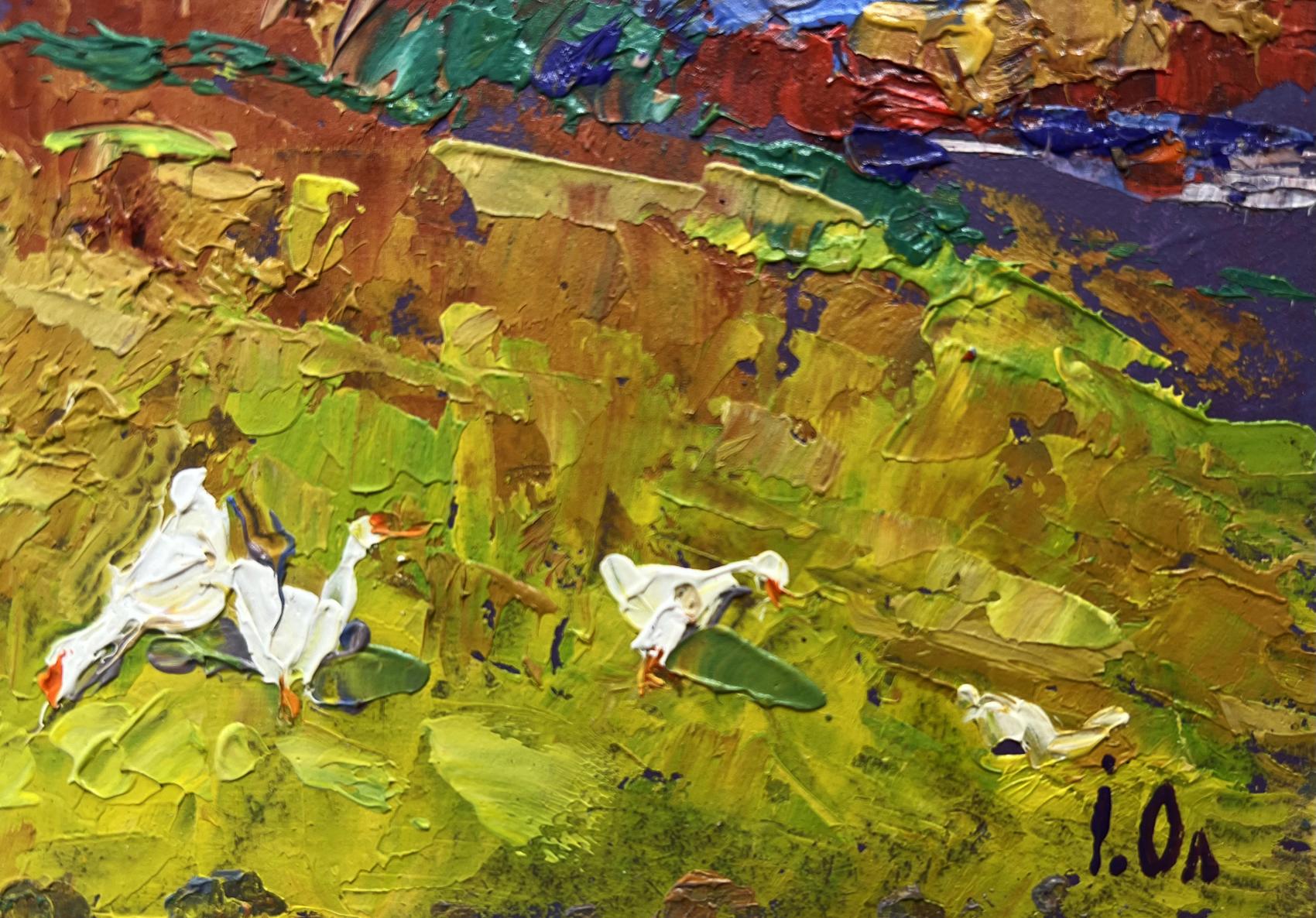 Oil painting Warm evening days by Oleksiy Ivanyuk: white ducks on green landscape