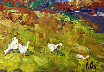 Oil painting Warm evening days by Oleksiy Ivanyuk: white ducks on green landscape