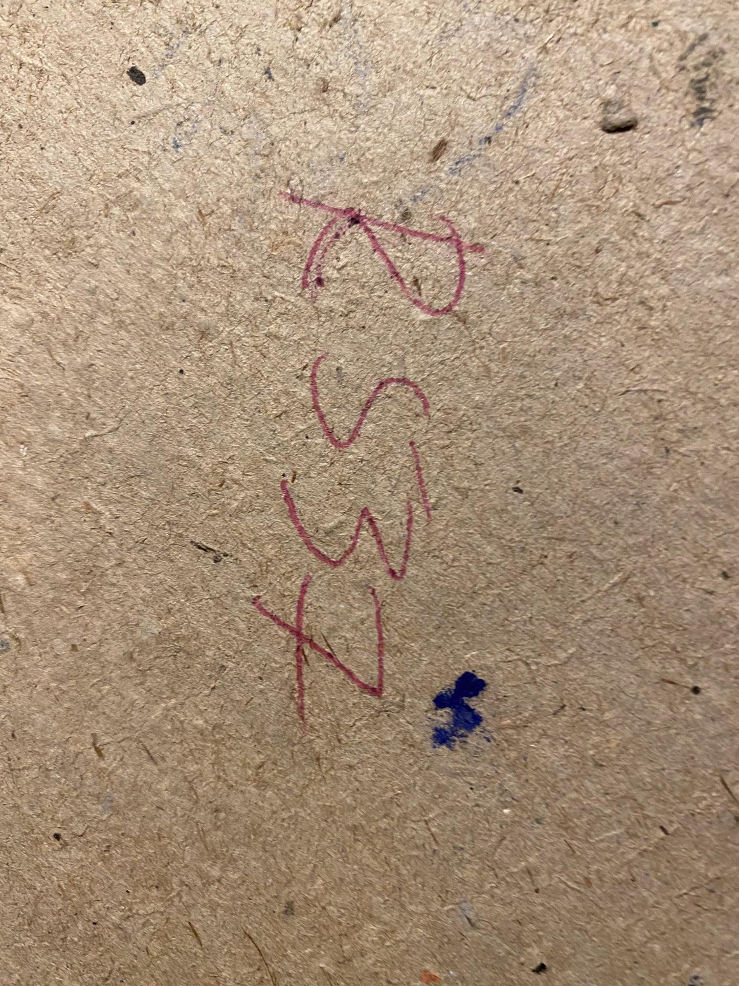 Back of Georgy Kolosovsky oil painting with red handwritten markings on brown cardboard