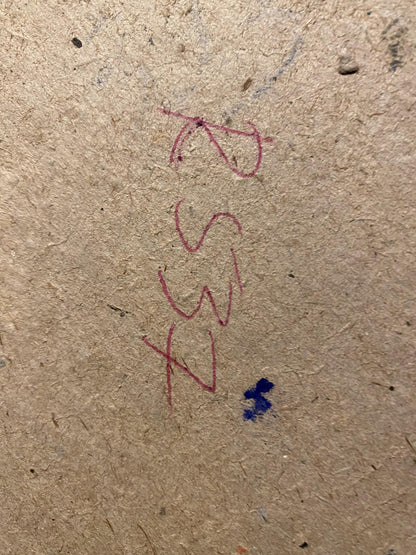 Back of Georgy Kolosovsky oil painting with red handwritten markings on brown cardboard