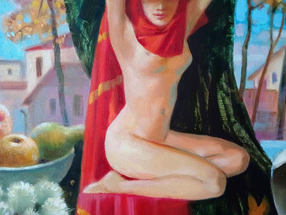Figure figure in red scarf against green curtain, abstract oil painting by Anatoly Tarabanov