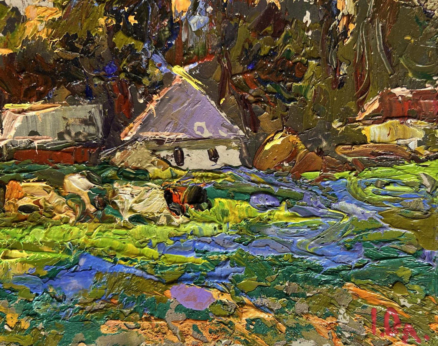 Oil painting Along the green field by Oleksiy Ivanyuk, rustic house in foliage