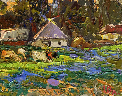 Oil painting Along the green field by Oleksiy Ivanyuk, rustic house in foliage