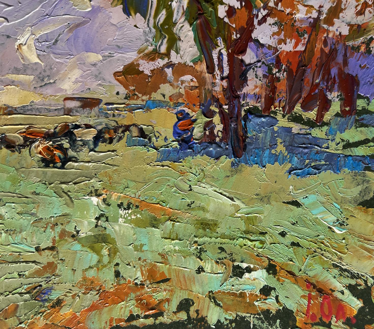 Vibrant impressionist oil painting of shepherd in field by Oleksiy Ivanyuk