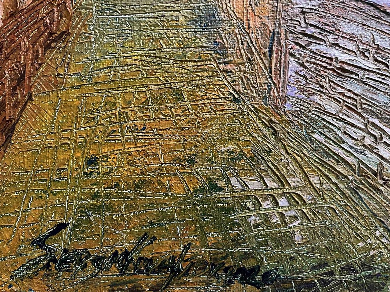 Textured impasto oil painting by Serhiy Kovalev in earthy ochre, green, brown