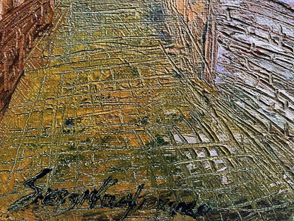 Textured impasto oil painting by Serhiy Kovalev in earthy ochre, green, brown