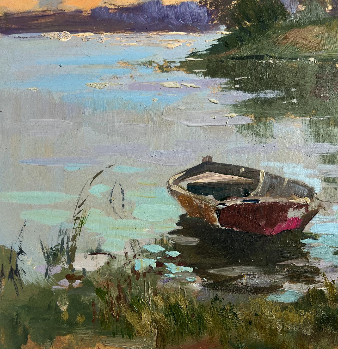 Oil painting of weathered red rowboat on calm water by Yuriy Suprunchuk