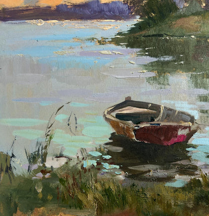 Oil painting of weathered red rowboat on calm water by Yuriy Suprunchuk