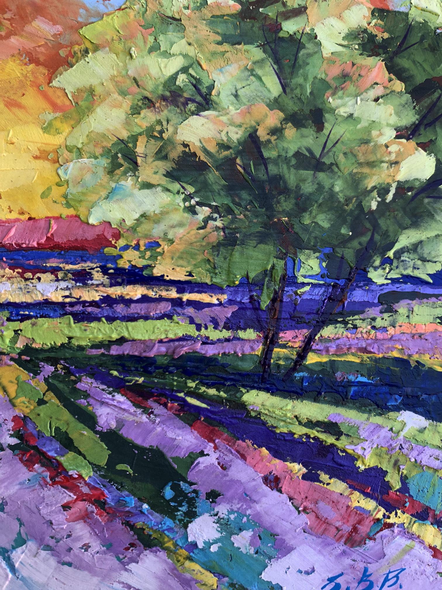 Vibrant impressionist oil painting Sunset in the Field by V. Zadorozhnya