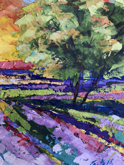 Vibrant impressionist oil painting Sunset in the Field by V. Zadorozhnya