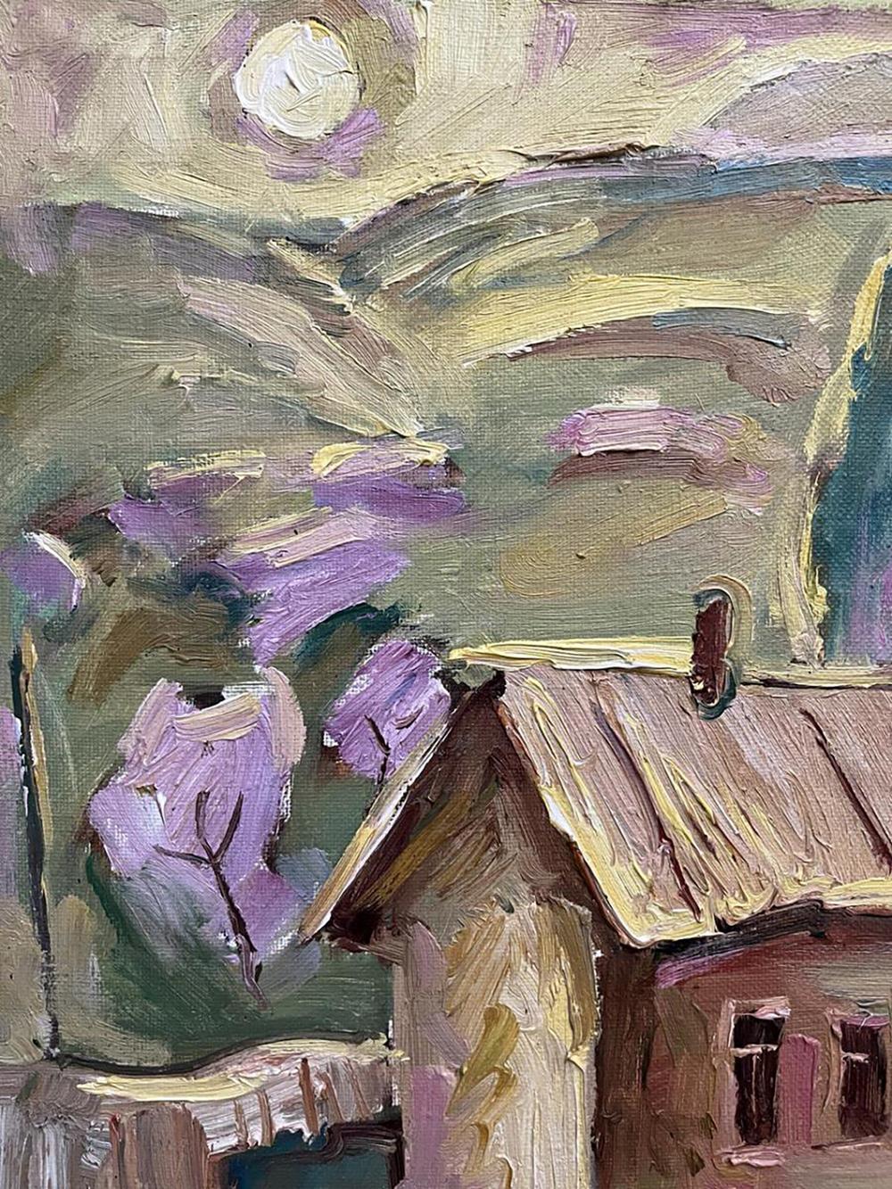 Oil painting Spring day Oleksandr Andreev rustic house moonlit sky