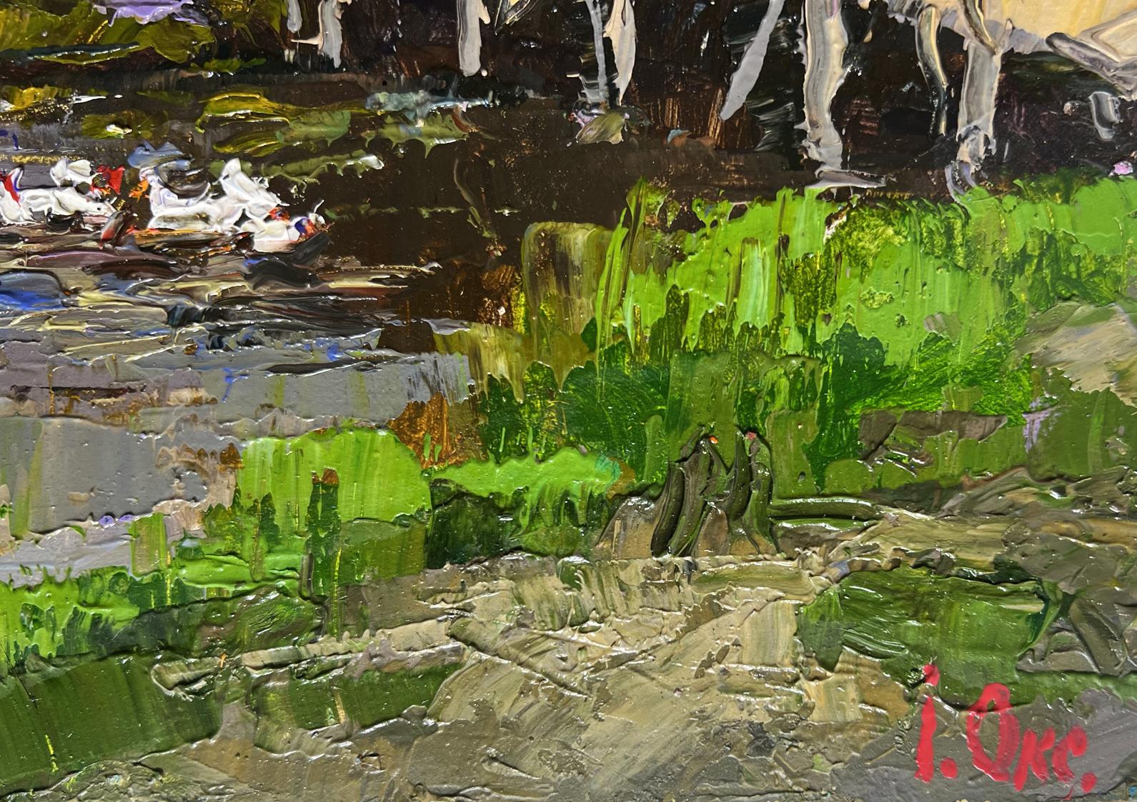 Vibrant green gray impasto oil painting Ducks on the lake near the bridge Oksana Ivanyuk