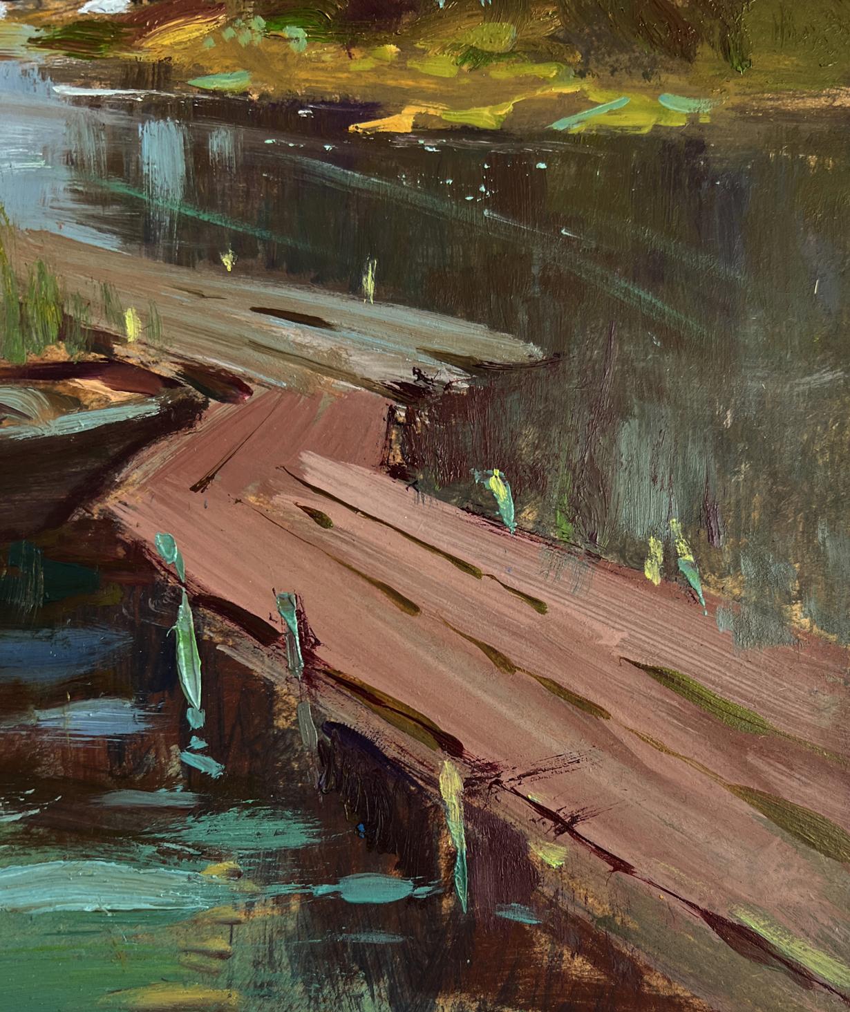 Impressionistic oil painting of wooden dock on river journey by Yuriy Suprunchuk