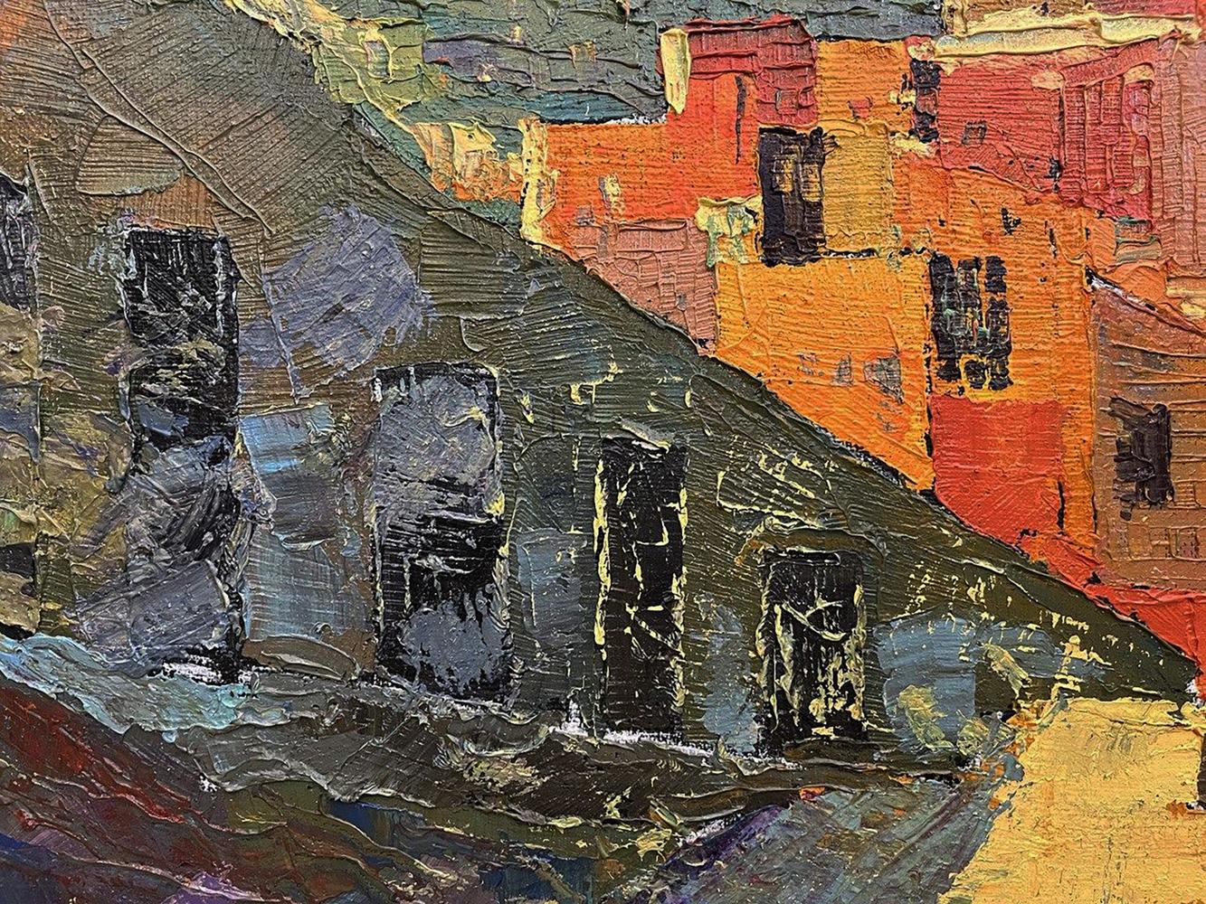 Vibrant oil painting Outspread by Serhiy Kovalev: orange red cityscape