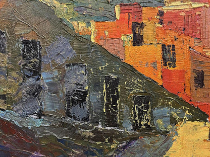 Vibrant oil painting Outspread by Serhiy Kovalev: orange red cityscape