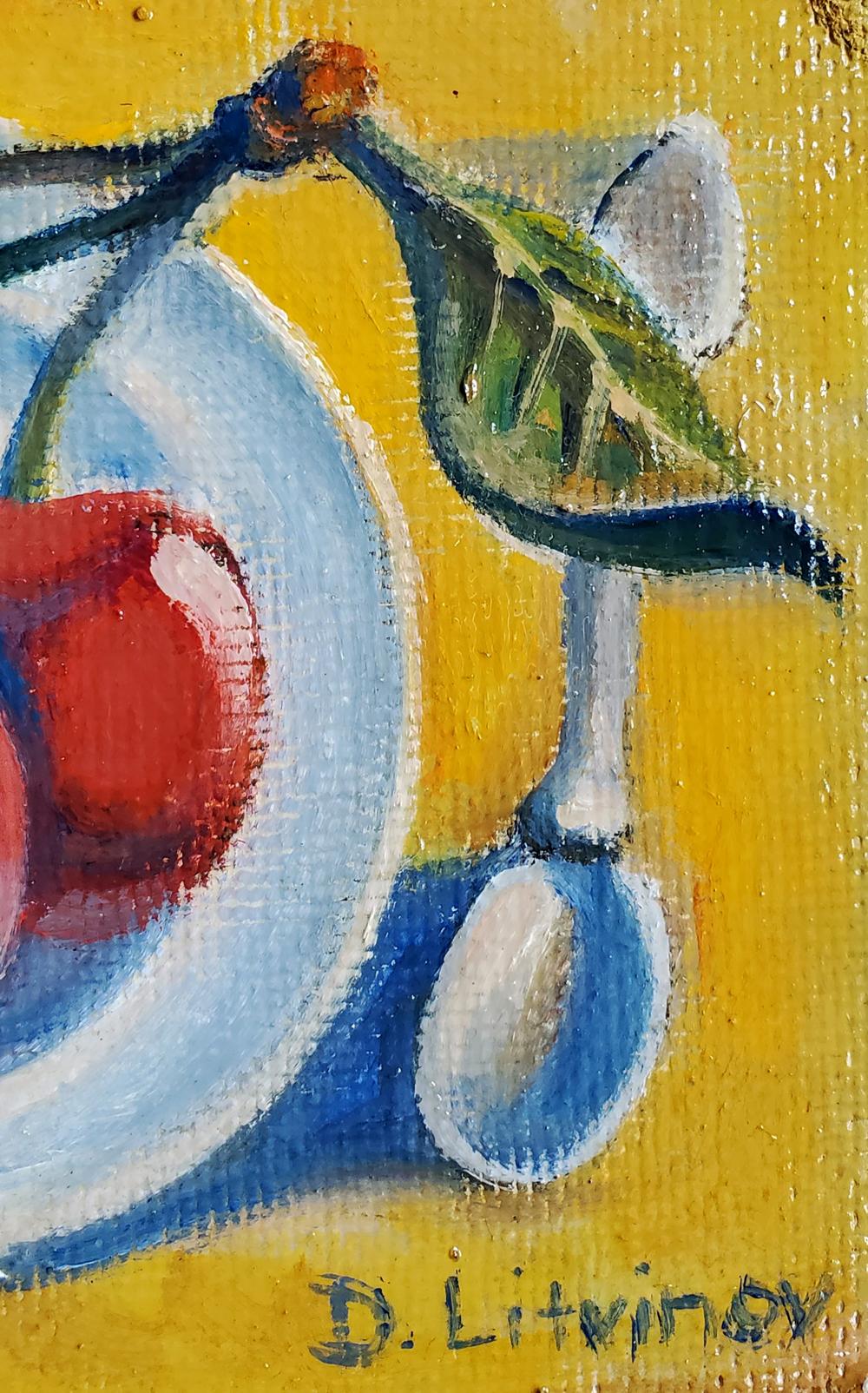 Oil painting of glossy red cherry with leaf on blue plate by Daniil Litvinov