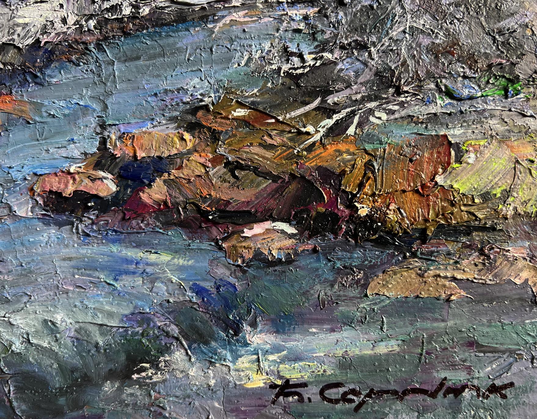 Oil painting Magical Winter by Boris Serdyuk: rocky shoreline in blues, grays, ochre