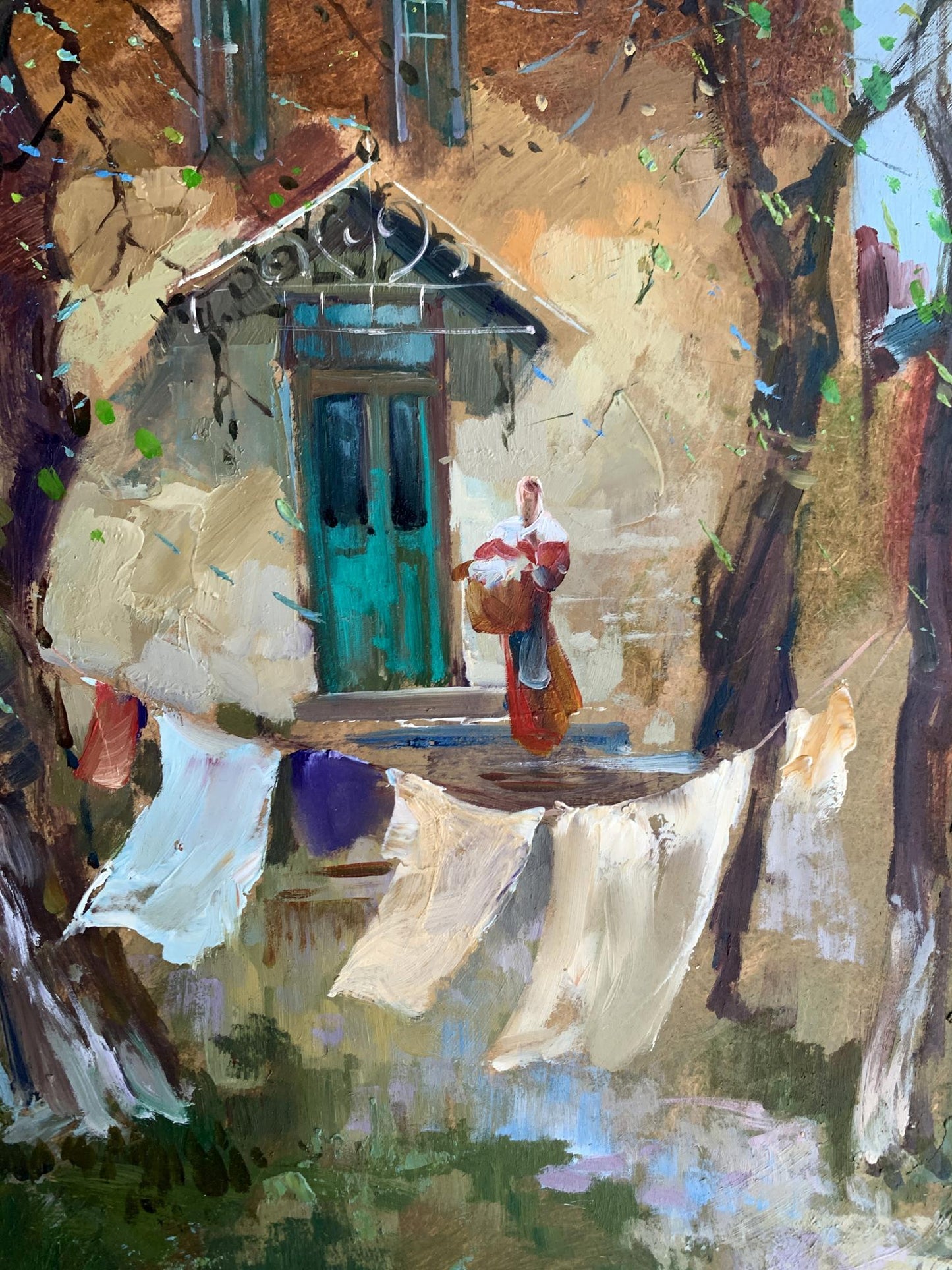 Oil painting of turquoise door with ornate black metalwork by Yuriy Suprunchuk
