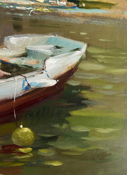 Oil painting of white red rowboat with blue oar on greenish water by Yuriy Suprunchuk