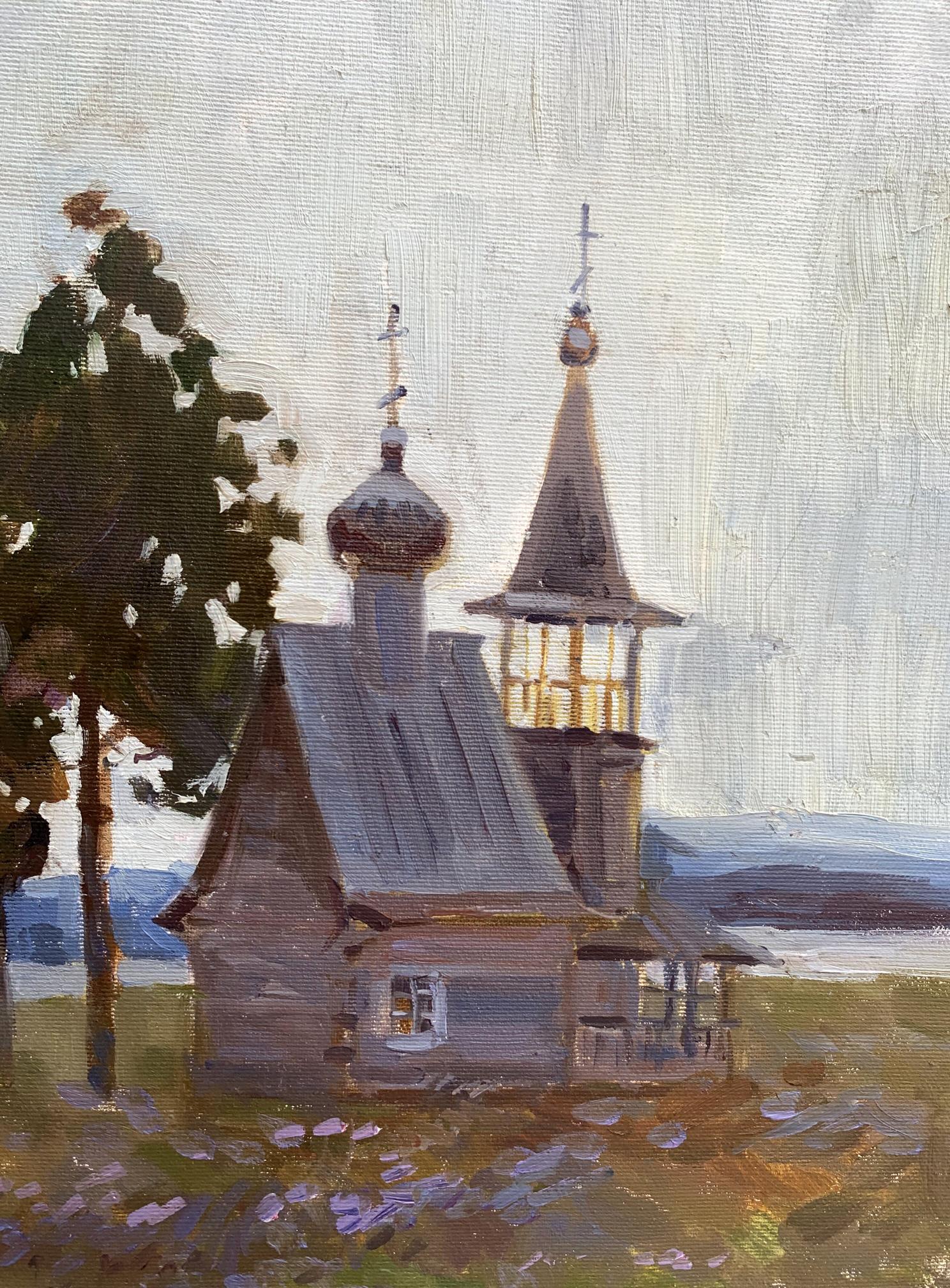 Oil painting of rustic wooden Temple by Tatyana Derdey with onion domes