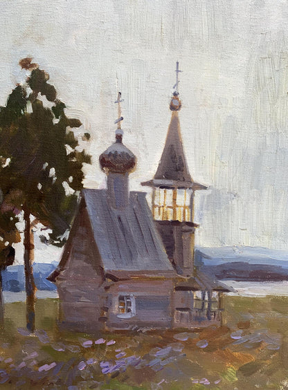 Oil painting of rustic wooden Temple by Tatyana Derdey with onion domes