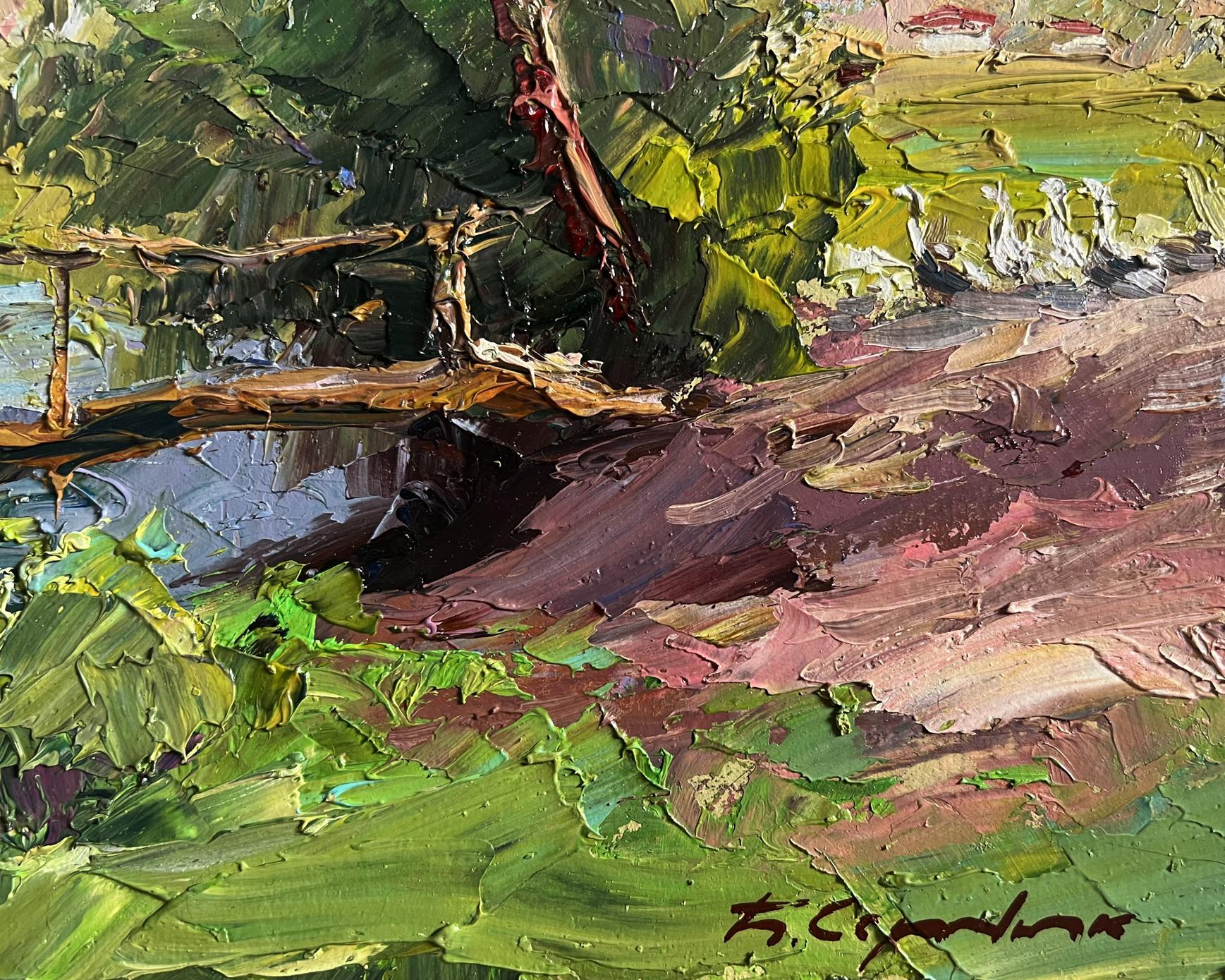 Oil painting landscape with geese by Boris Serdyuk, impasto greens and browns