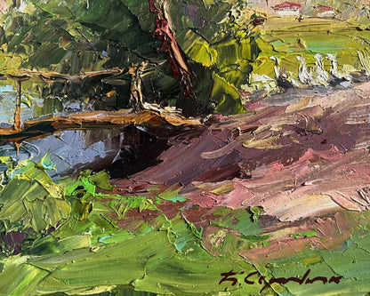 Oil painting landscape with geese by Boris Serdyuk, impasto greens and browns