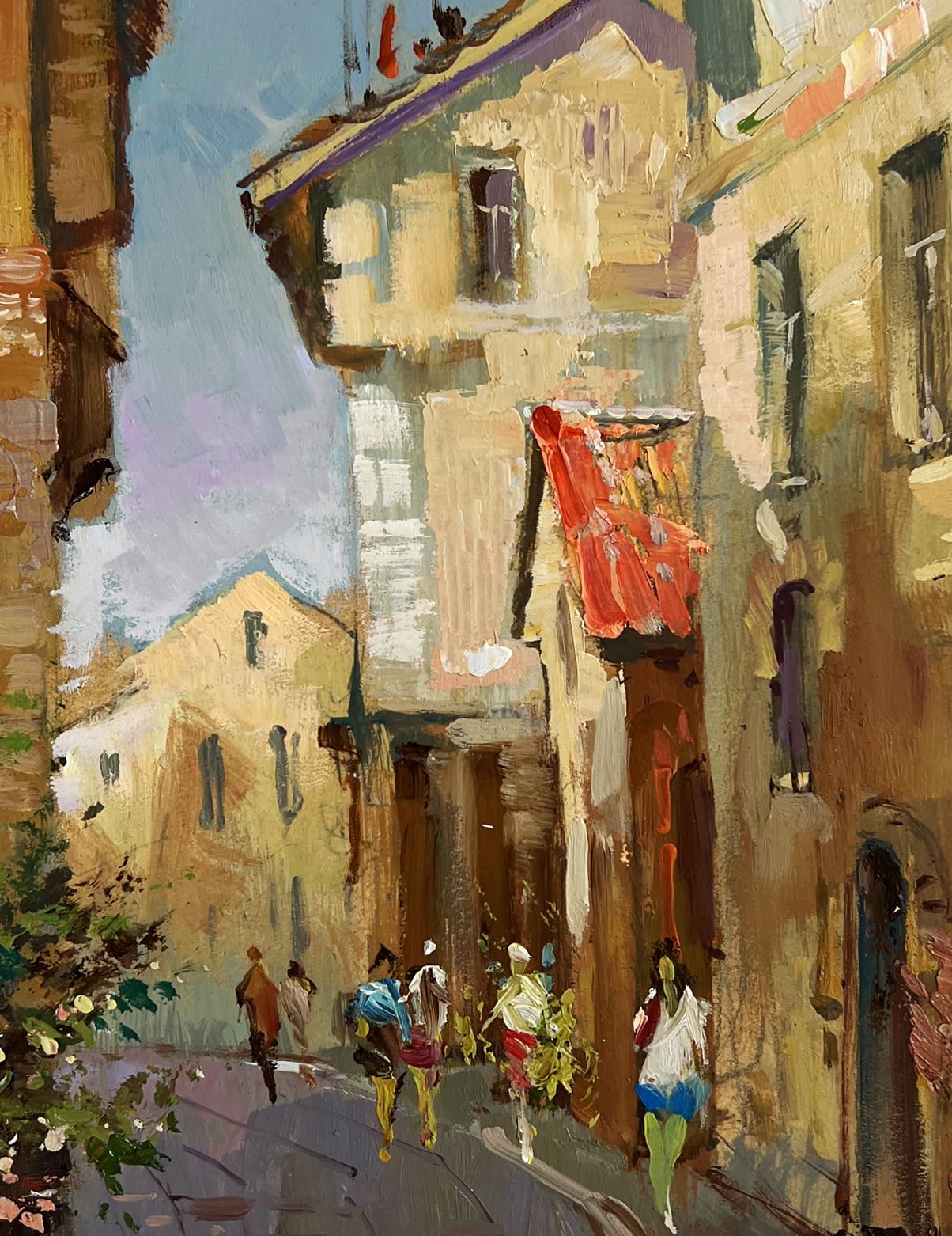 Oil painting Summer walk around the city by Yuriy Suprunchuk, vibrant red fabric on sunlit European streets