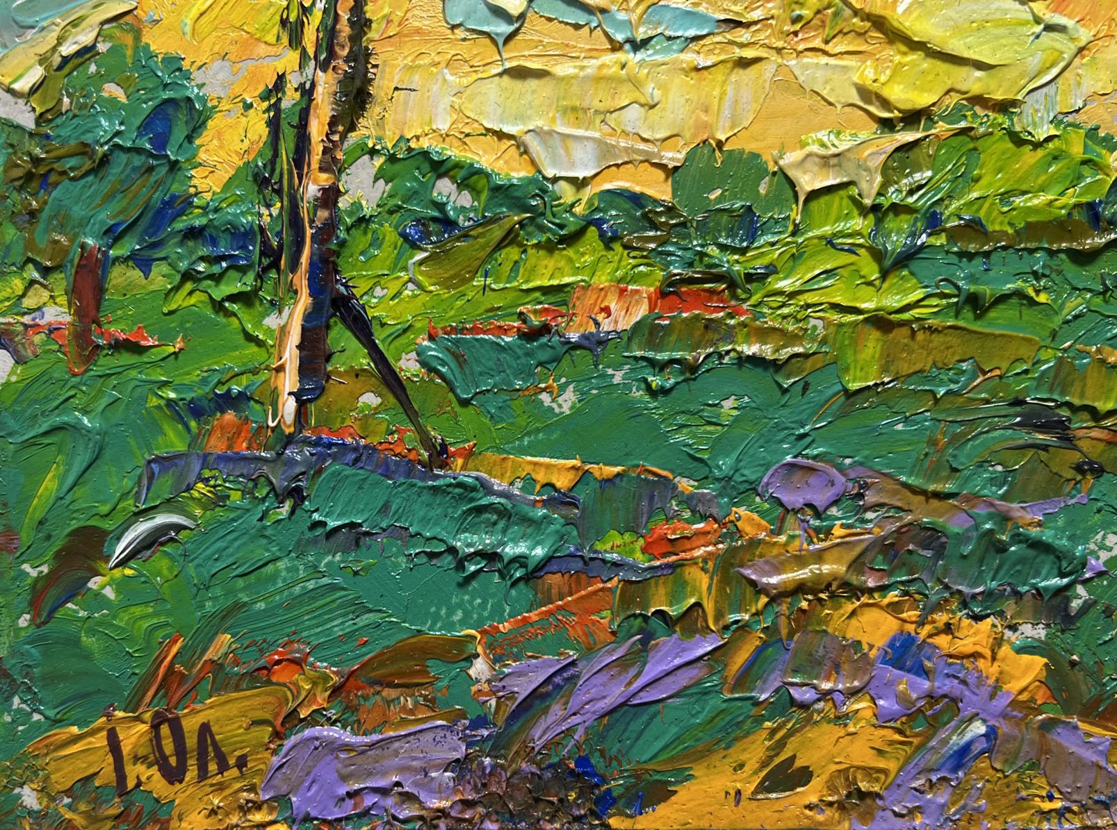 Oil painting Watch the bright sunset by Oleksiy Ivanyuk vibrant green yellow strokes