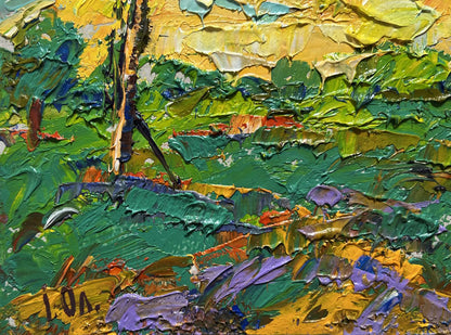 Oil painting Watch the bright sunset by Oleksiy Ivanyuk vibrant green yellow strokes