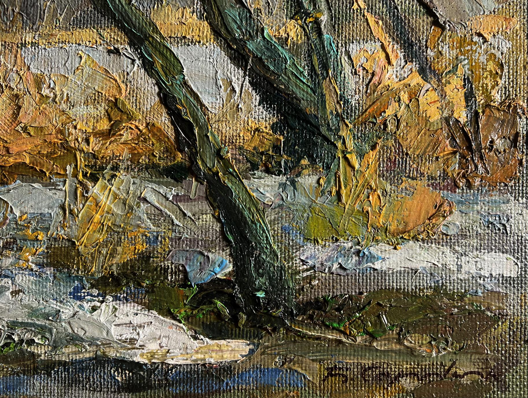 Oil painting The first snow fell by Boris Serdyuk, textured tree trunk