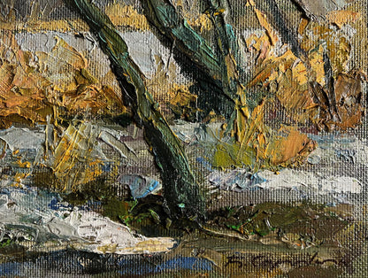 Oil painting The first snow fell by Boris Serdyuk, textured tree trunk