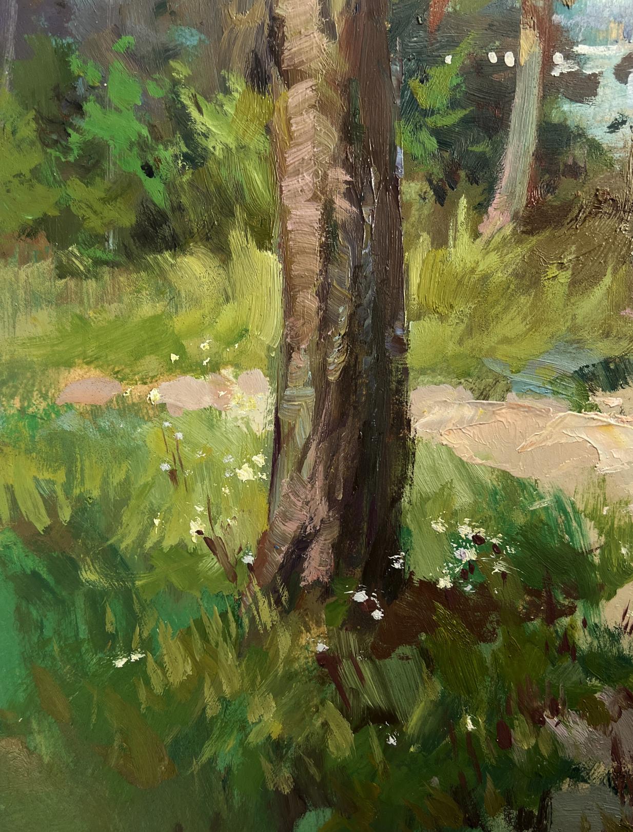 Oil painting of textured tree trunk in lush forest by Yuriy Suprunchuk