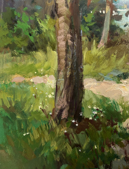 Oil painting of textured tree trunk in lush forest by Yuriy Suprunchuk
