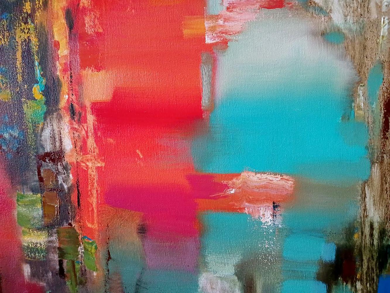 Vibrant abstract oil painting Cantata by Anatoly Tarabanov with bold red teal brushstrokes