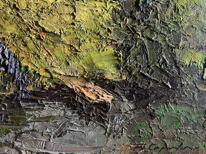 Oil painting of house near pond by Boris Serdyuk, impasto greens, grays, leaf