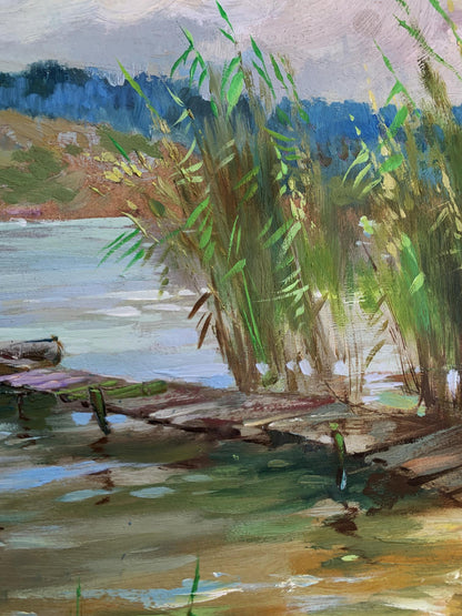 Vibrant green reeds by waters edge in Yuriy Suprunchuk oil painting