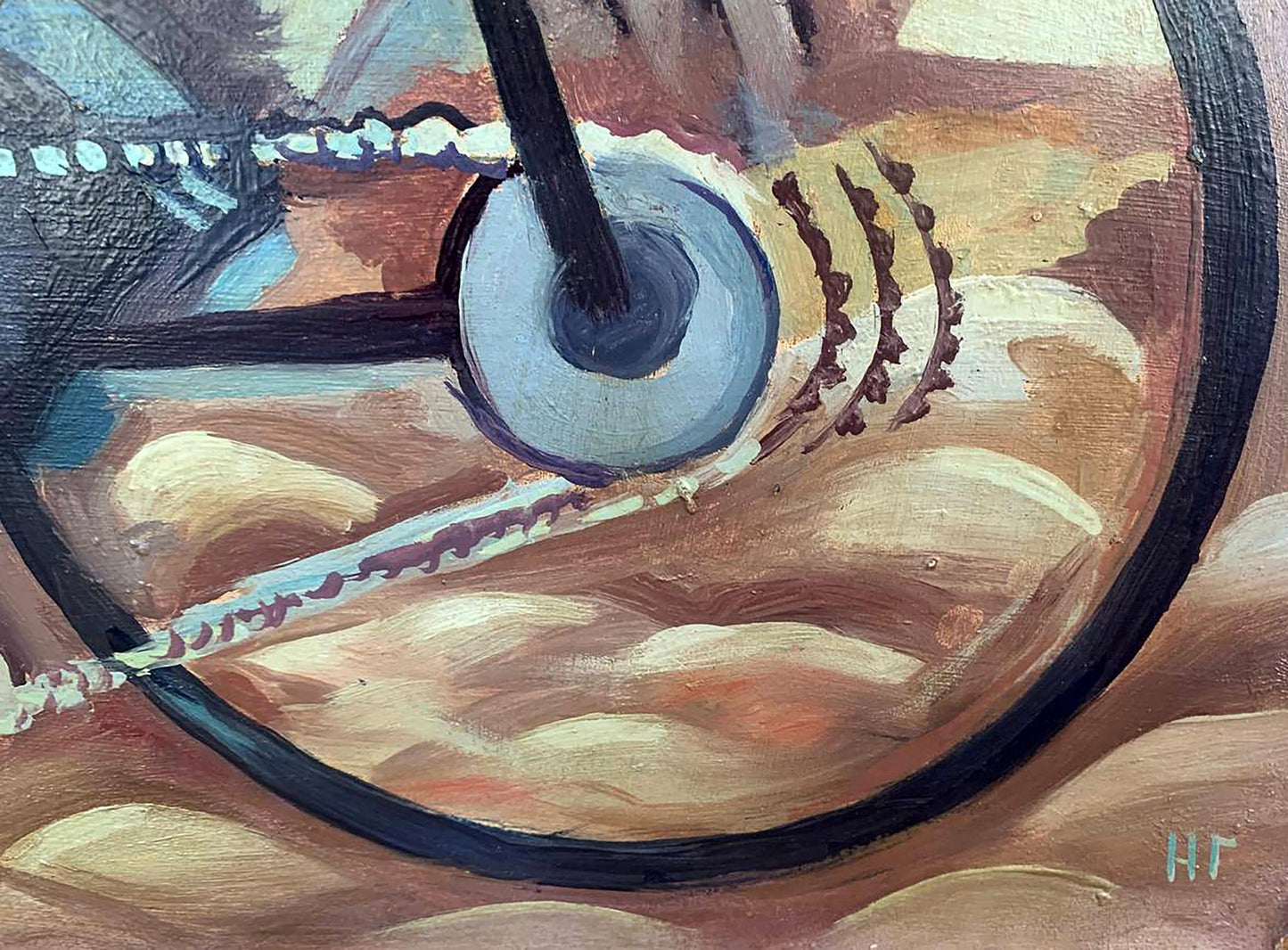 Close-up oil painting of bicycle rear wheel and gears by V. Konotopsky
