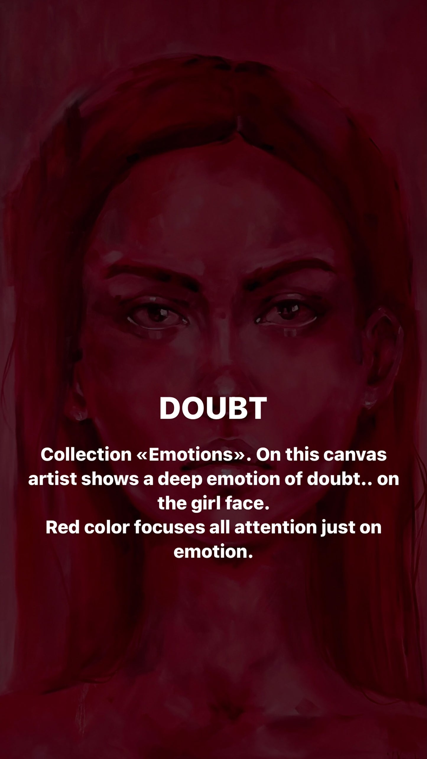 Oil painting Doubt by Victoria Kagalovska: red-toned womans intense eyes