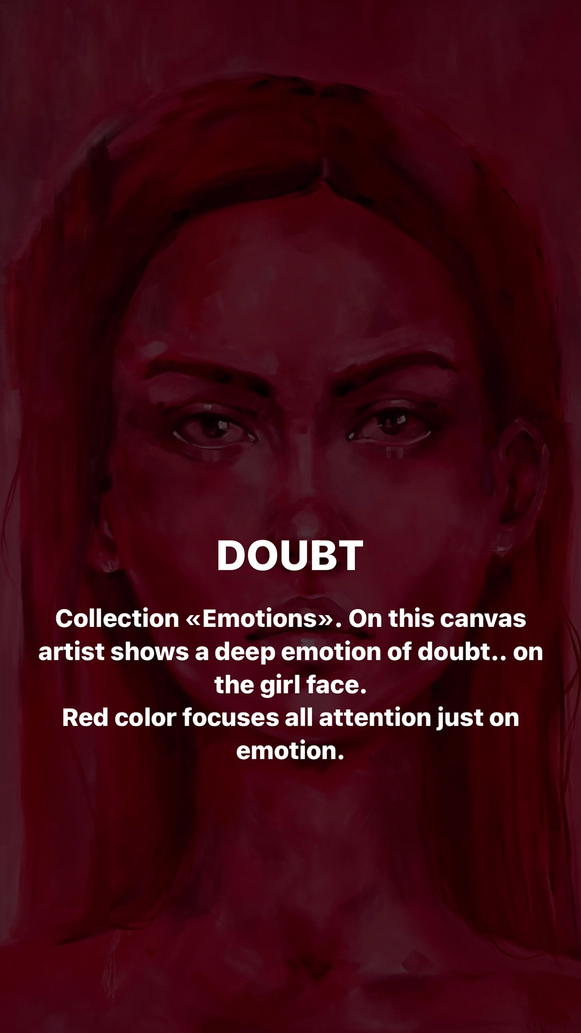 Oil painting Doubt by Victoria Kagalovska: red-toned womans intense eyes