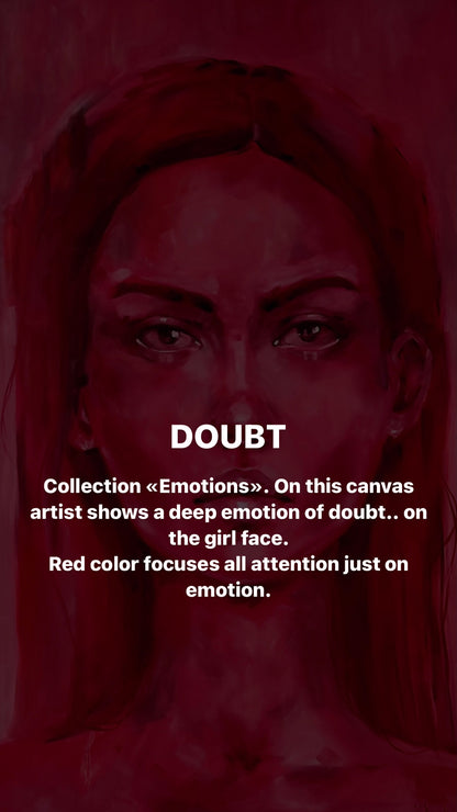 Oil painting Doubt by Victoria Kagalovska: red-toned womans intense eyes