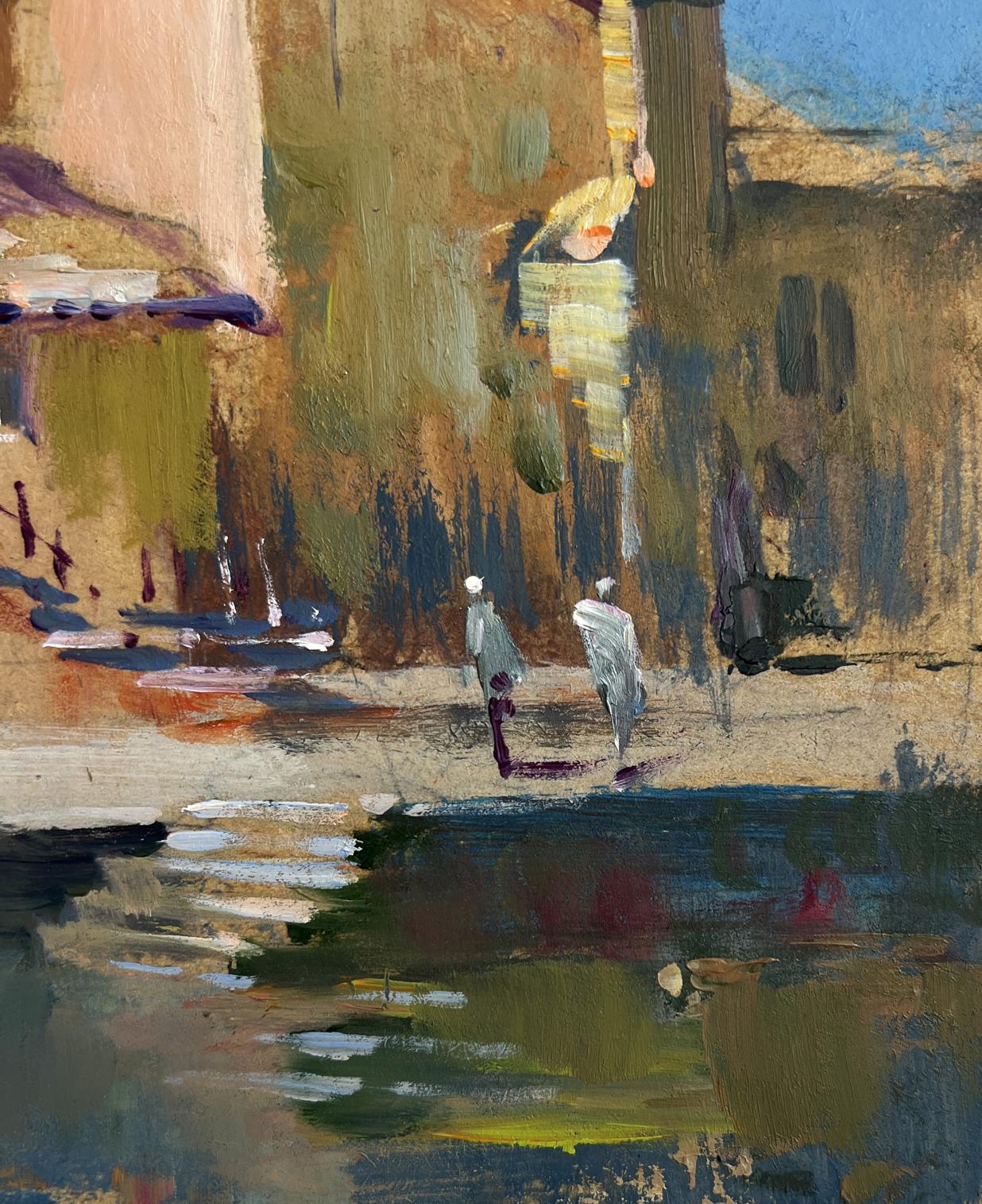 Oil painting Shadows of City Life by Yuriy Suprunchuk, abstract figures by waterway