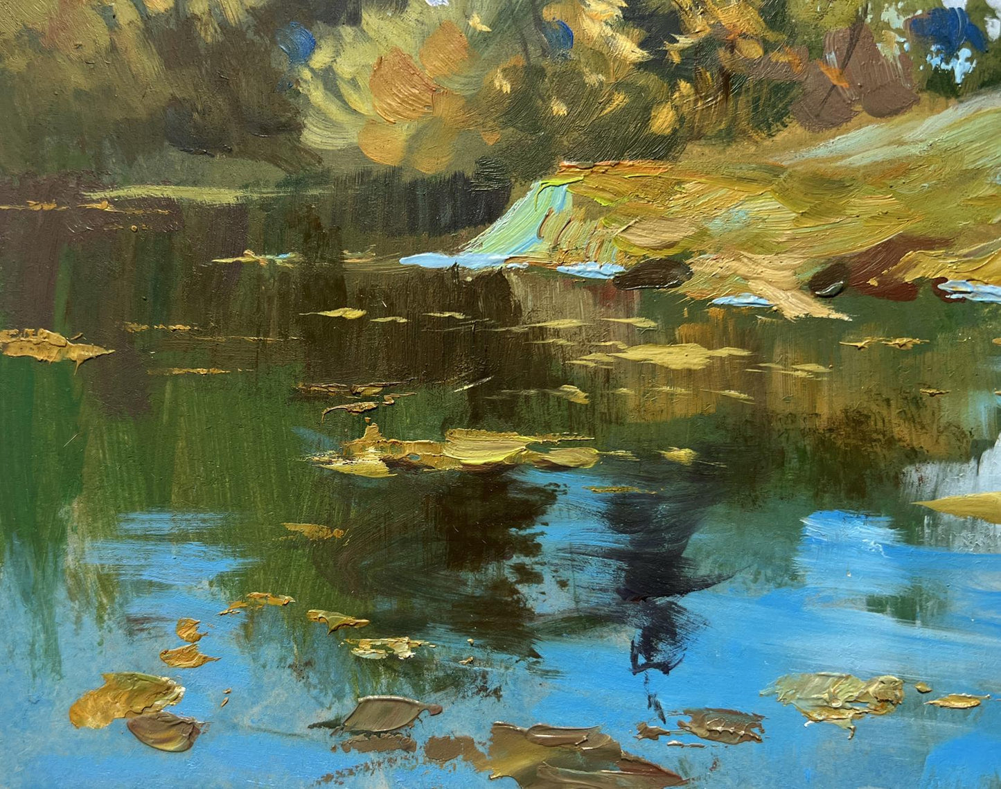 Oil painting The river washes the forest by Yuriy Suprunchuk, tranquil pond with autumn leaves