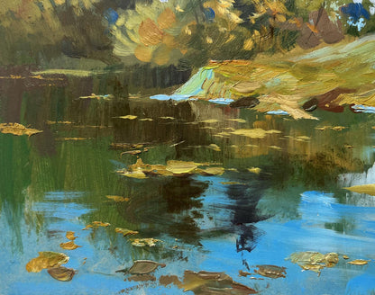Oil painting The river washes the forest by Yuriy Suprunchuk, tranquil pond with autumn leaves