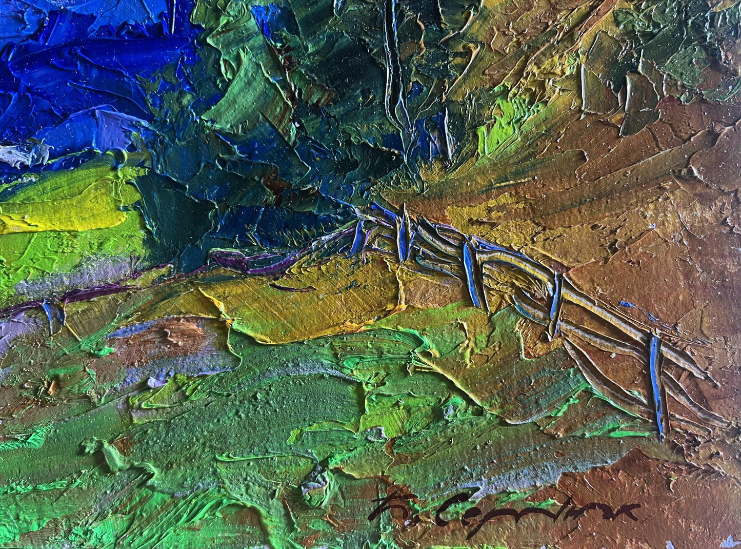 Oil painting of mountain village by Boris Serdyuk with abstract insect figure